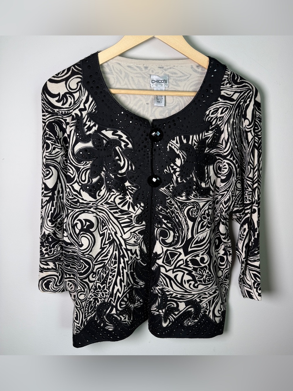 Chico’s Black & White Paisley Silk Blend Embellished Cardigan | Size 3 (XL)